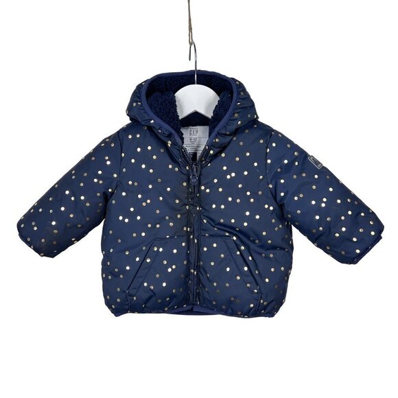 Baby Gap Navy Polka Dot Print Hooded Puffer Jacket Size 6-12 Months - Picture 1 of 7